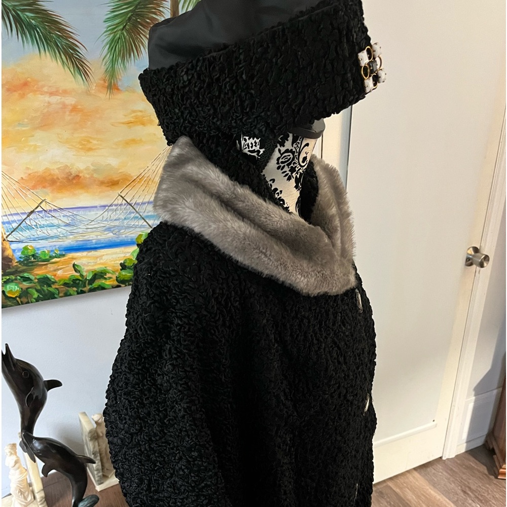 Black Faux Fur  lamb Coat with Gray Faux Fur Collar - Picture 6 of 8